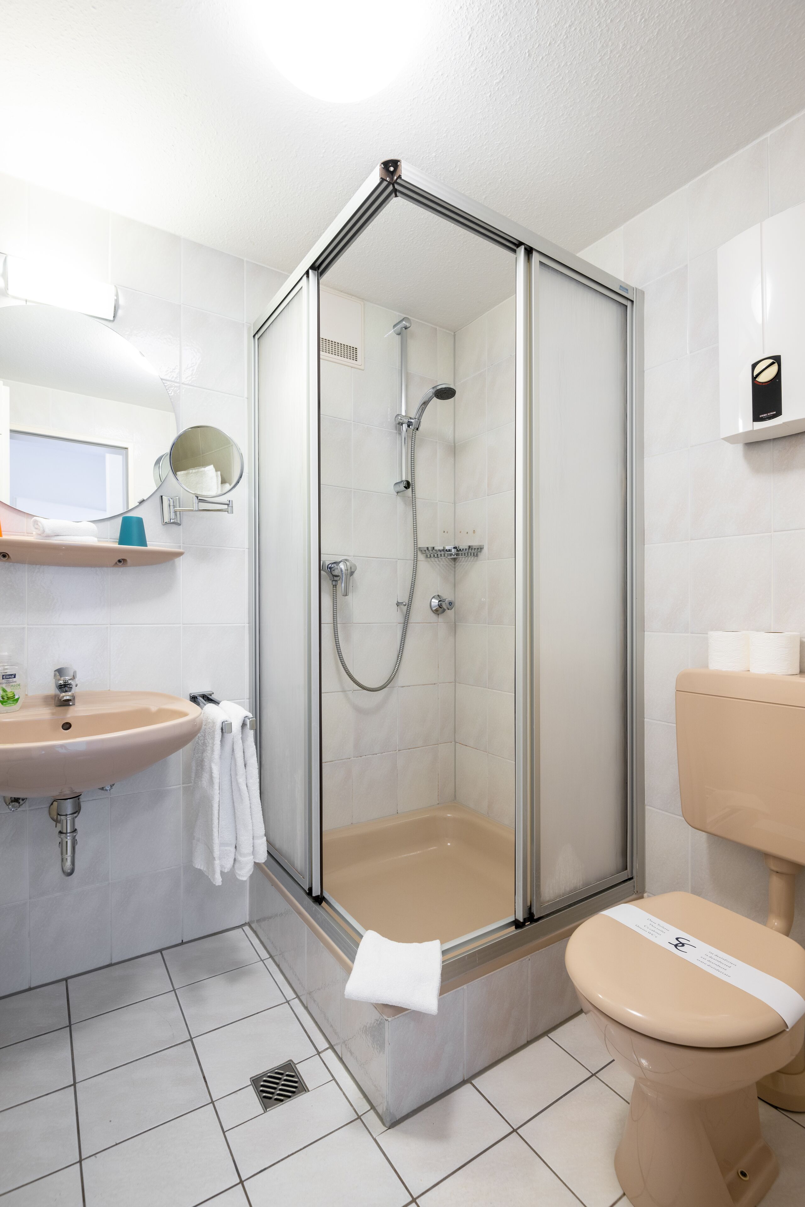 A modern bathroom with a glass-enclosed shower, a sink, and a toilet.