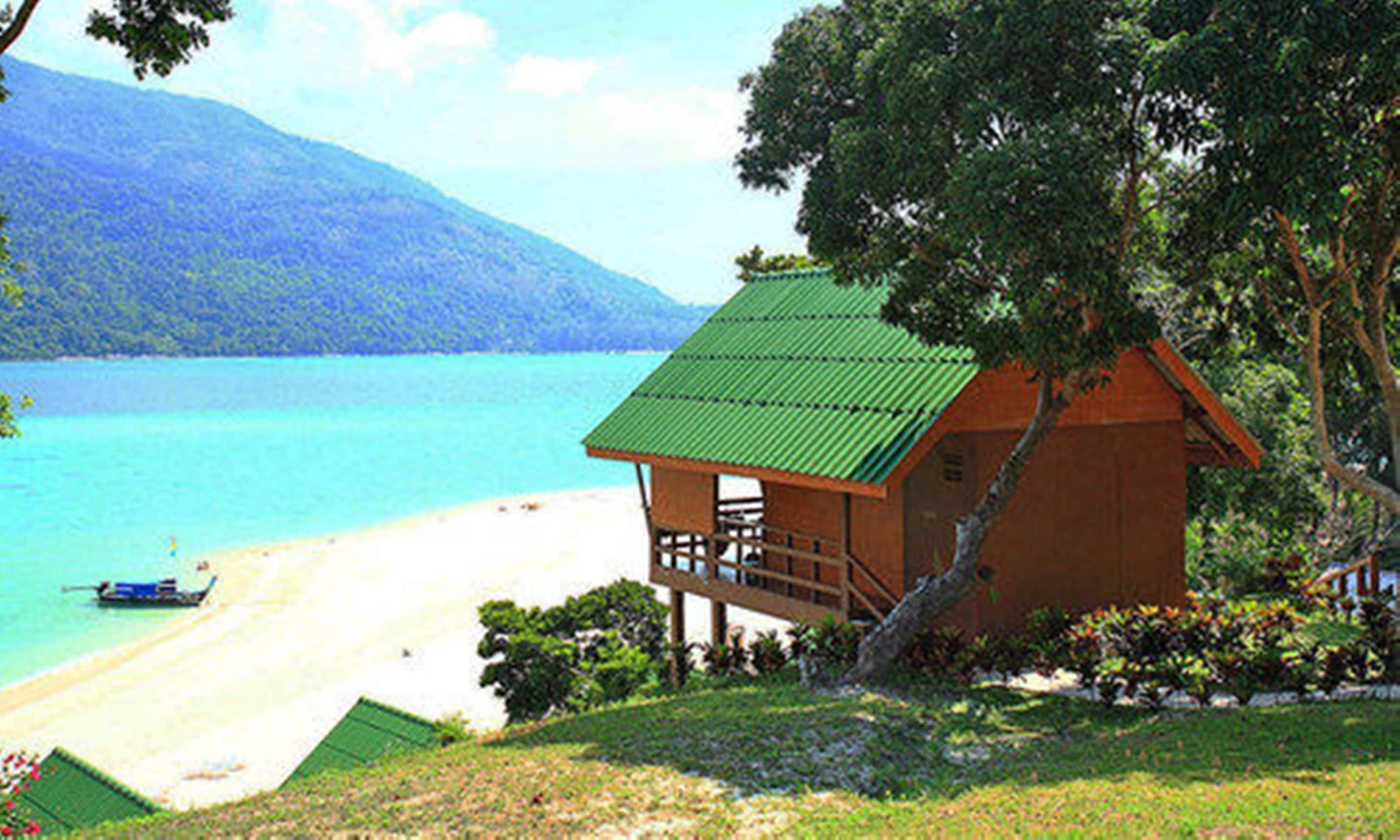 Una cabaña de madera con techo verde en la playa, rodeada de árboles y una montaña al fondo.