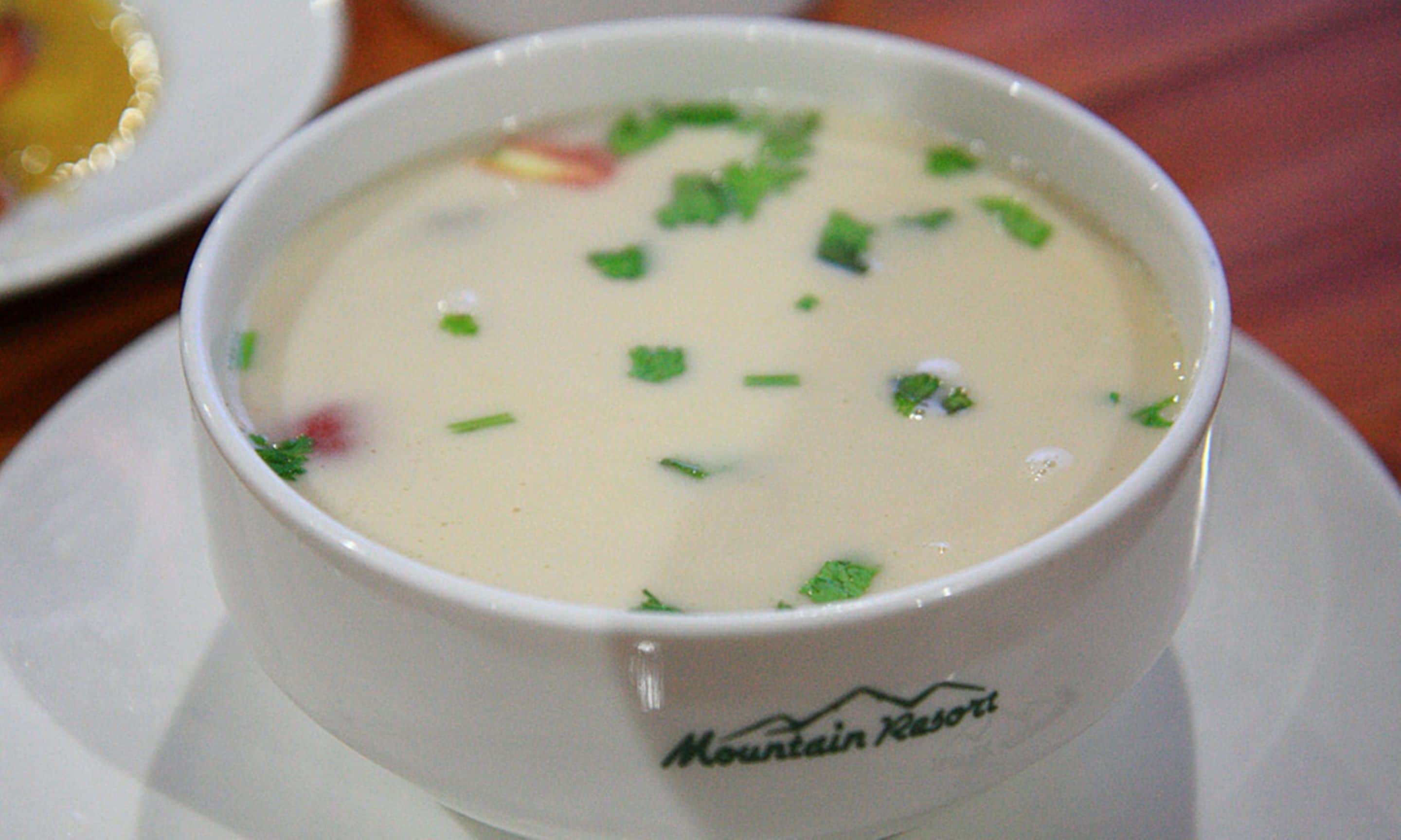 A bowl of soup on a white plate with a logo that reads "Mountain Resort".