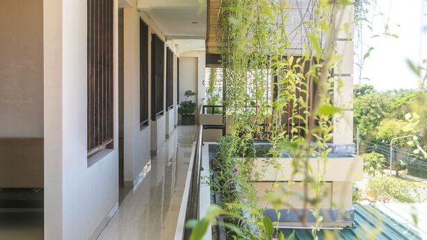 Un pasillo con balcón, ventanas amplias y vegetación.