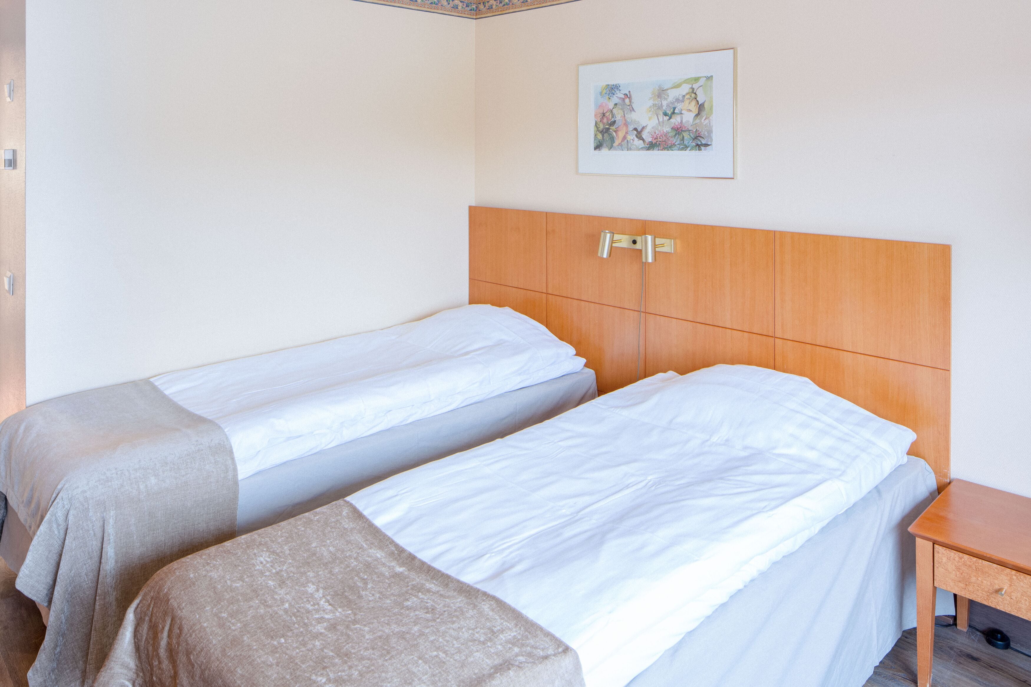 Habitación de hotel con dos camas individuales, cabecera de madera, mesita de noche pequeña y un cuadro enmarcado en la pared.