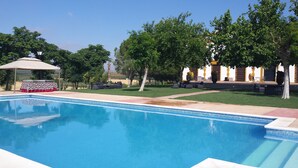A swimming pool with a tiled edge, surrounded by a grassy area with lounge chairs and a covered table.