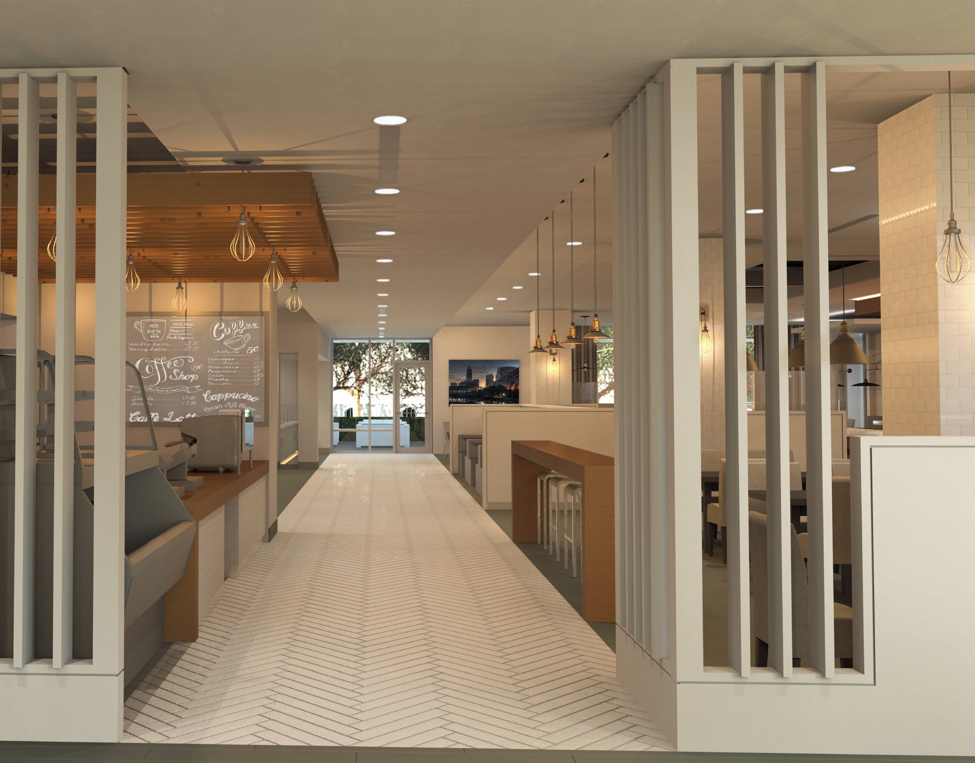 Een modern interieur met een visgraatvloer, een koffiehoek met een menubord, en een uitzicht op het buitenleven door grote ramen.
