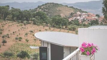 Un balcón con vista a un paisaje montañoso y un pueblo lejano.