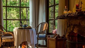 Une pièce chaleureuse avec une cheminée, une table à manger recouverte d’une nappe blanche, des chaises en osier et une vue sur la verdure grâce à de grandes fenêtres.