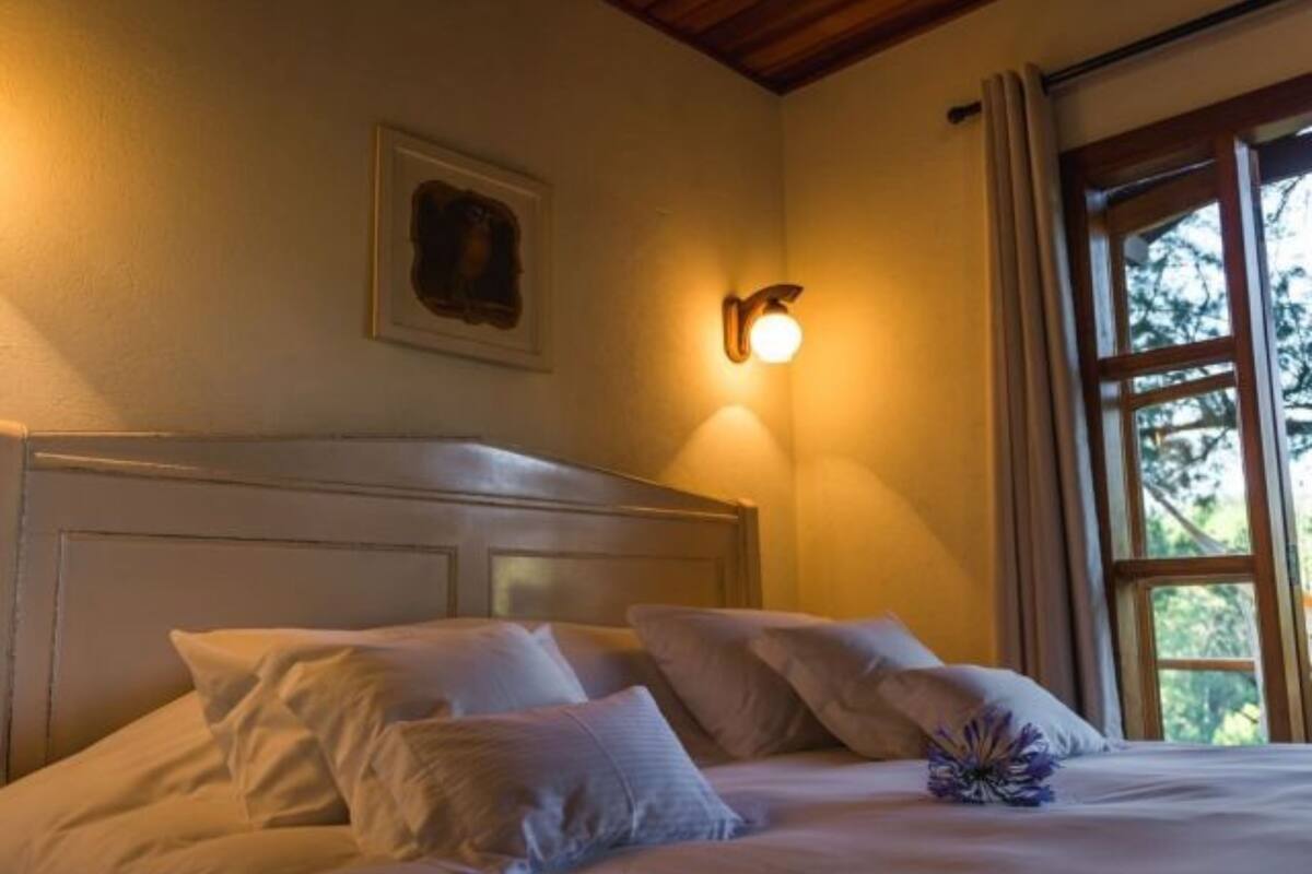 Una cama bien hecha con sábanas y almohadas blancas, un aplique en la pared y una ventana con cortinas.