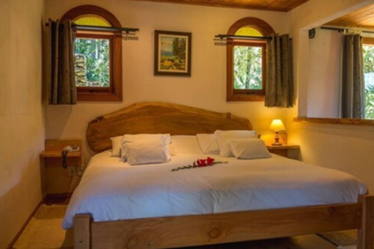 Una cama individual con cabecera de madera, ropa blanca de cama y una decoración floral roja. Hay dos ventanas con cortinas, una a cada lado de la cama, y una mesita de noche con una lámpara.