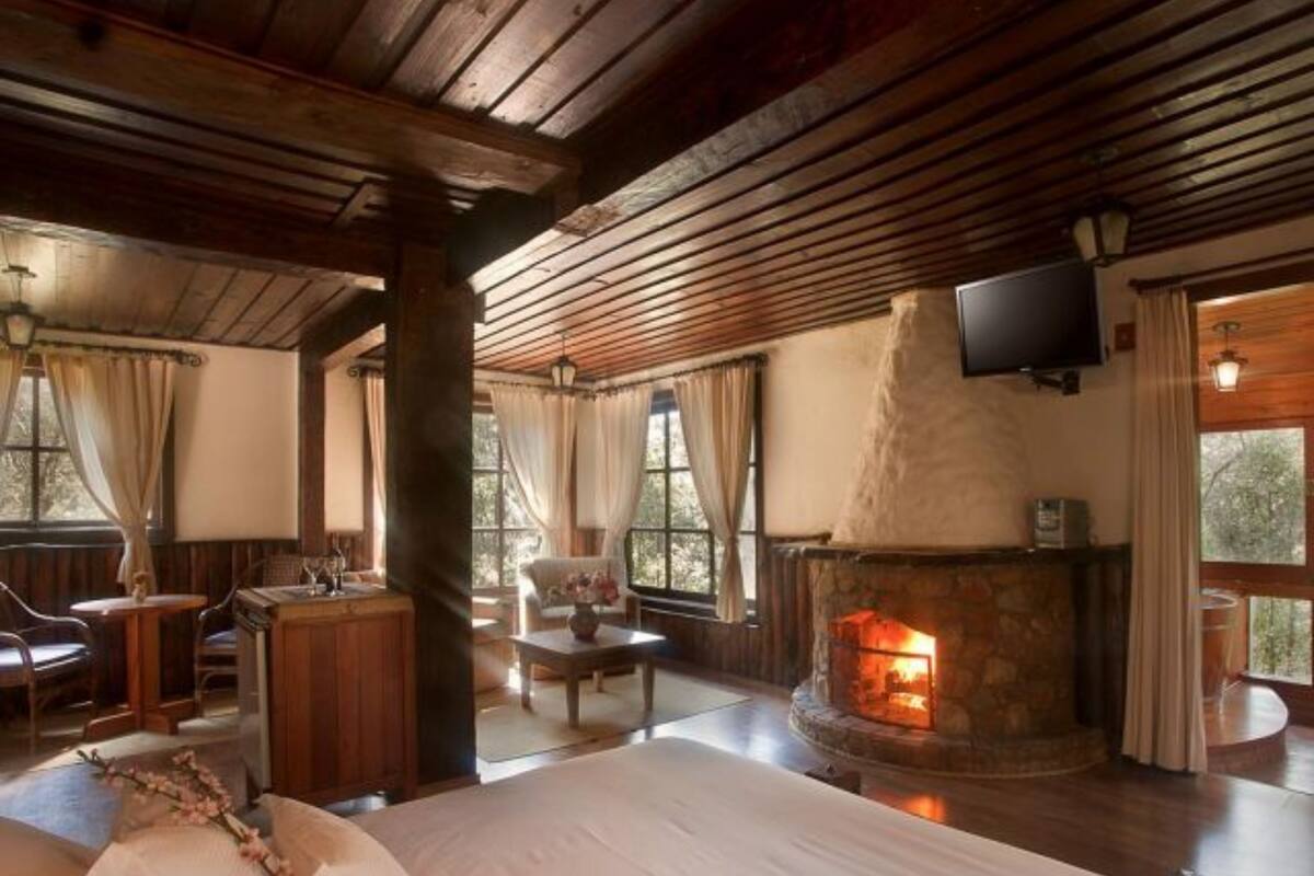 Una habitación acogedora con chimenea, muebles de madera y ventanas amplias.