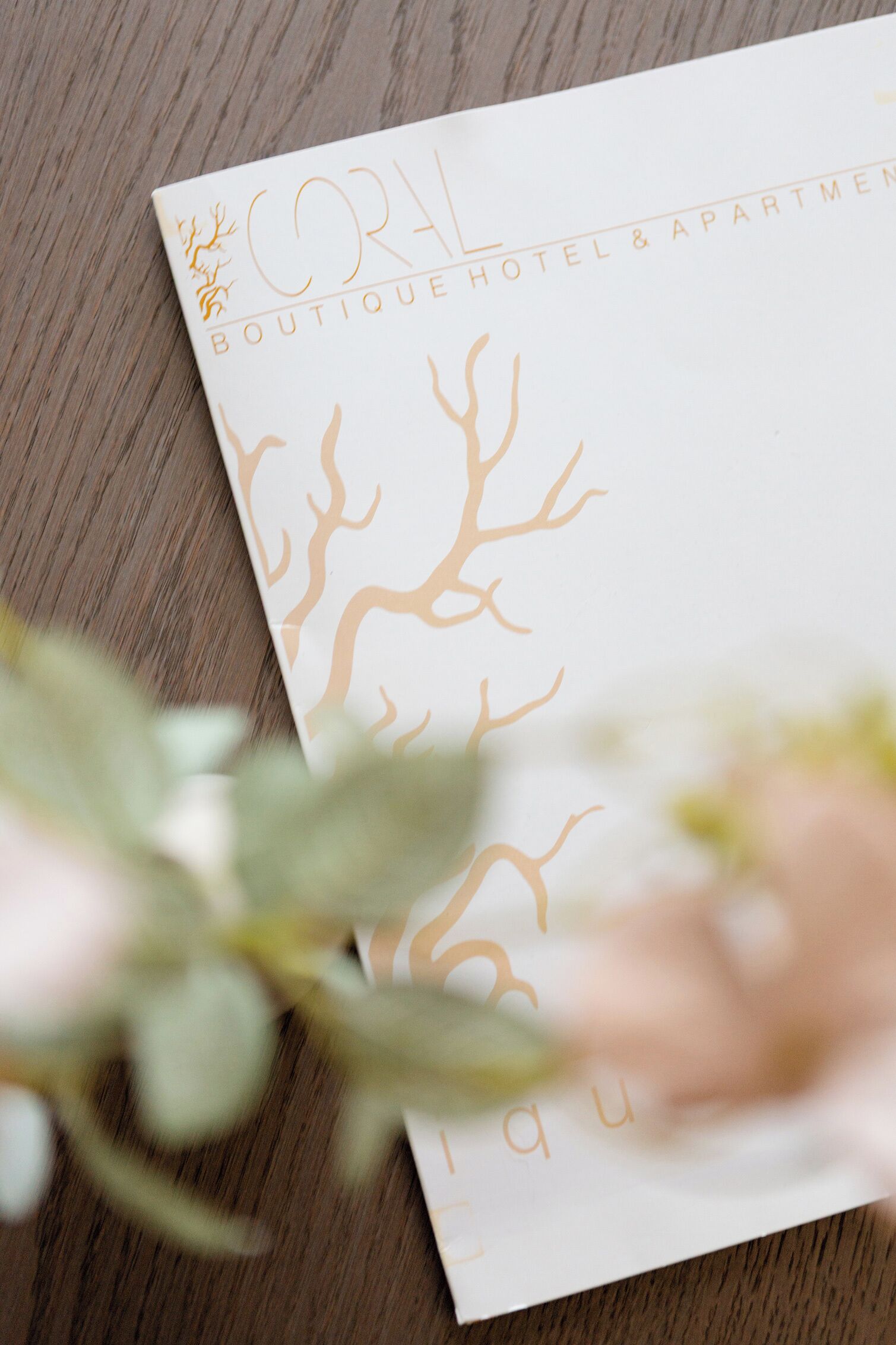 A white brochure with gold tree-like designs and the text 'CORI Boutique Hotel & Apartments' on a wooden surface.