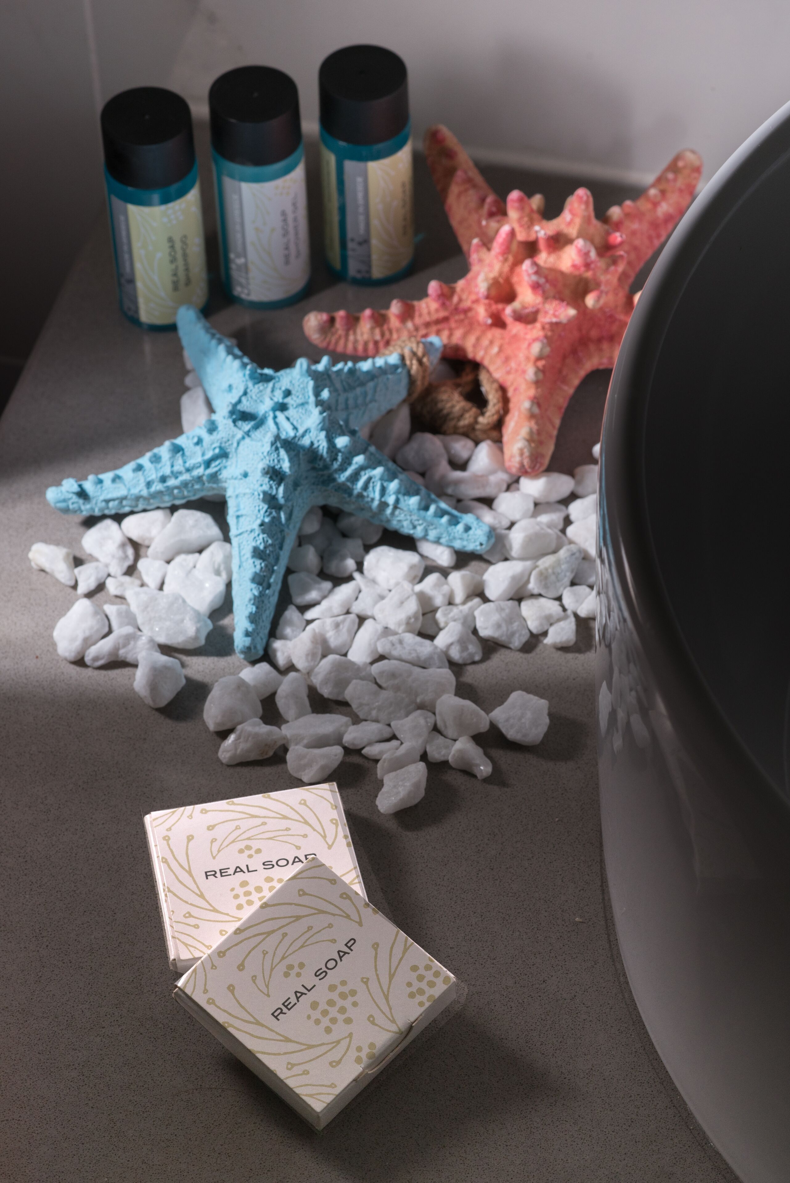 designer toiletries, hair dryer, slippers