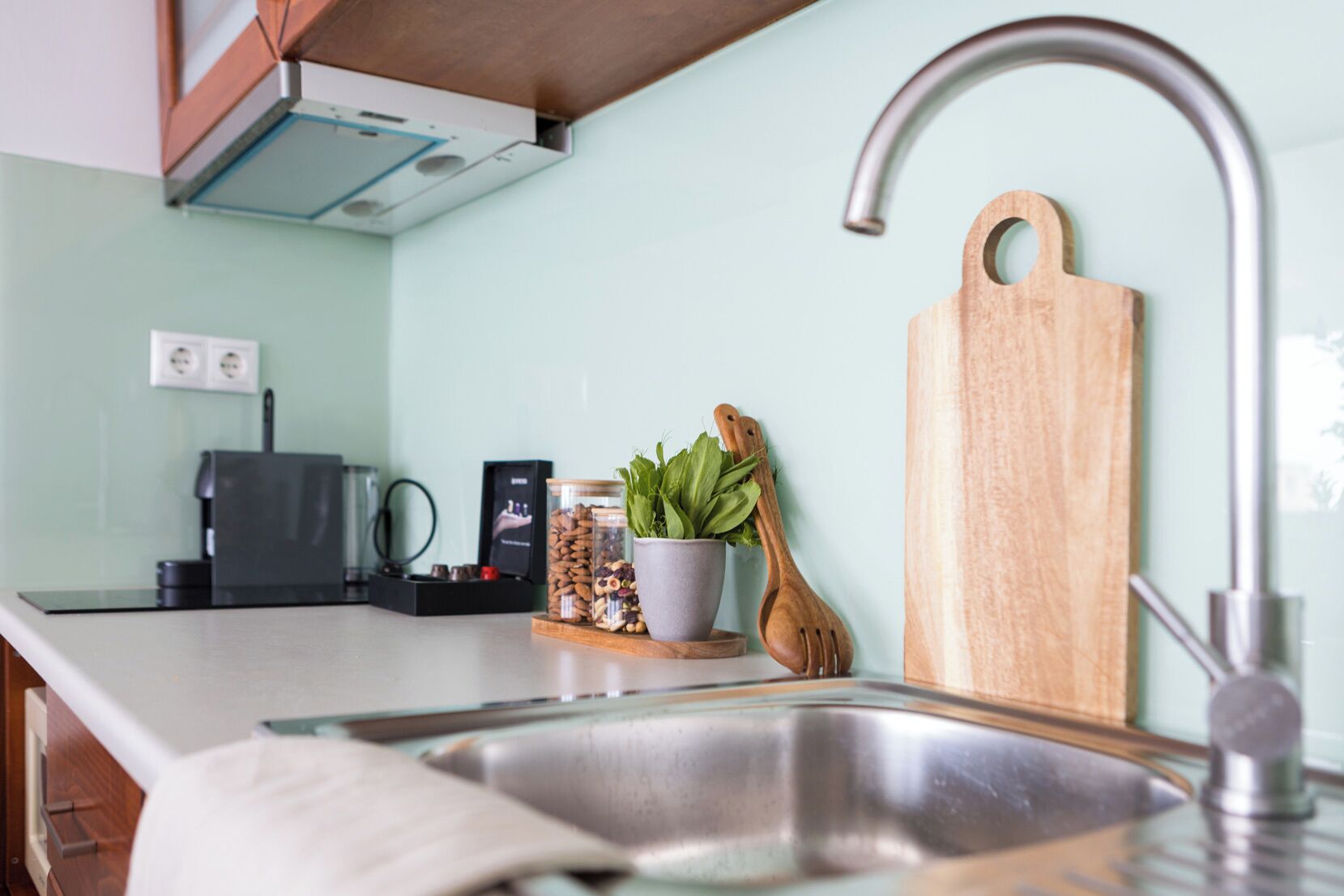 A modern kitchen with a stainless steel sink, a coffee machine, a wooden cutting board, and a potted plant.