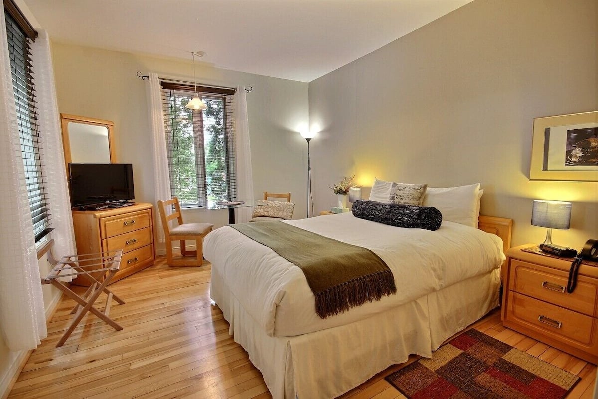 Un dormitorio con cama, mesita de noche, lámpara, televisor y ventana con cortinas.