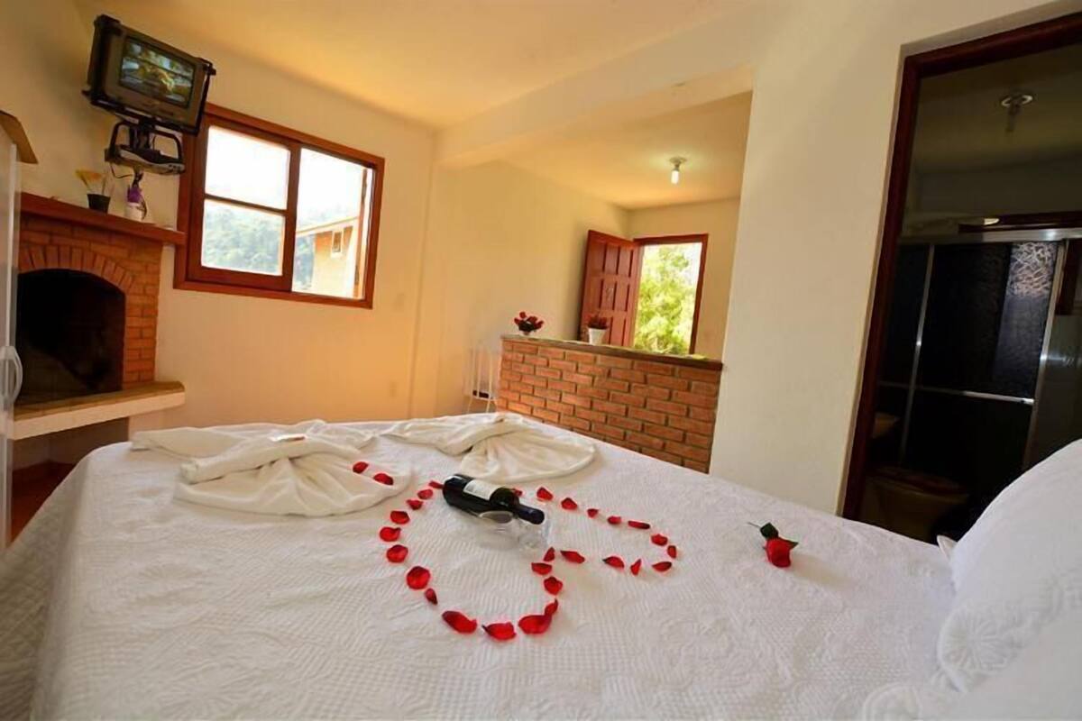 Ein Schlafzimmer mit Bett, Kamin, Fernseher und Blick ins Freie durch ein Fenster.