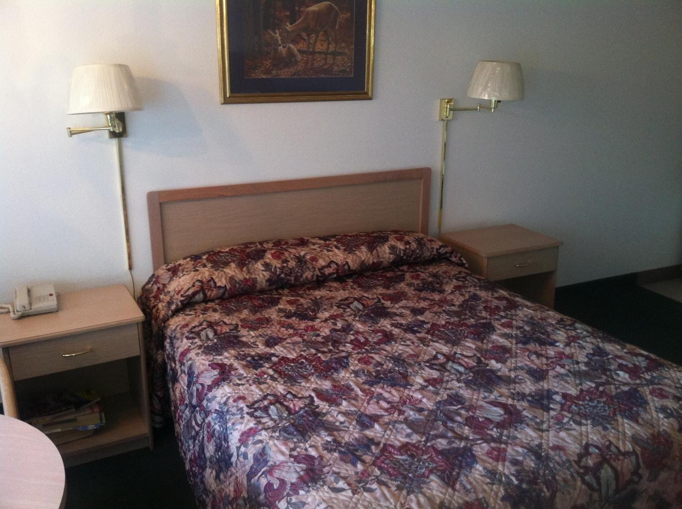 A hotel room with a bed, two bedside tables, a telephone, and a framed picture on the wall.