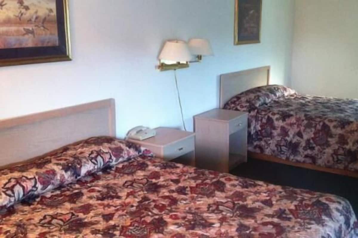A hotel room with two beds, each with a floral bedspread, a bedside table with a lamp, and a wall-mounted telephone.
