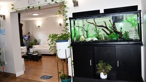 A modern living room with a large fish tank, a white sofa, a coffee table, and a potted plant. - Super 8 Fort McMurray (Fort McMurray)