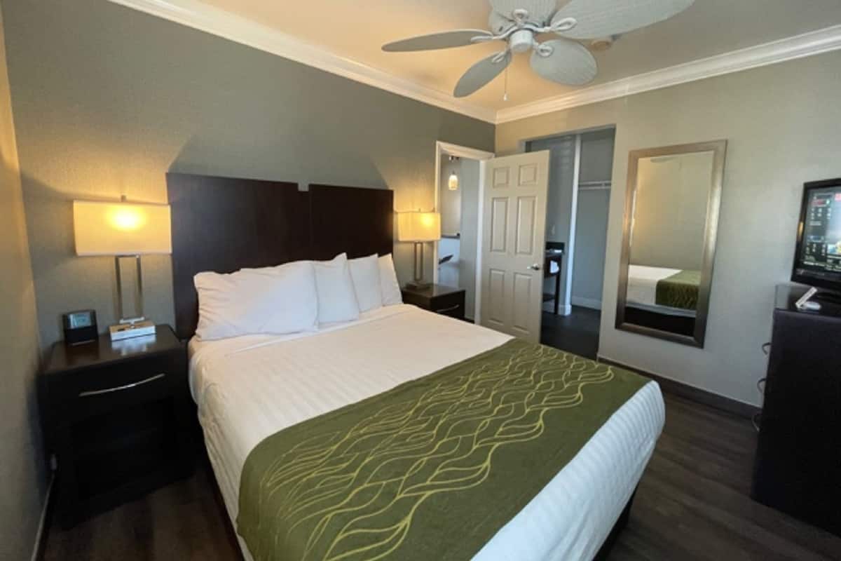 A hotel room with a bed, two bedside lamps, a ceiling fan, a mirror, and a television.