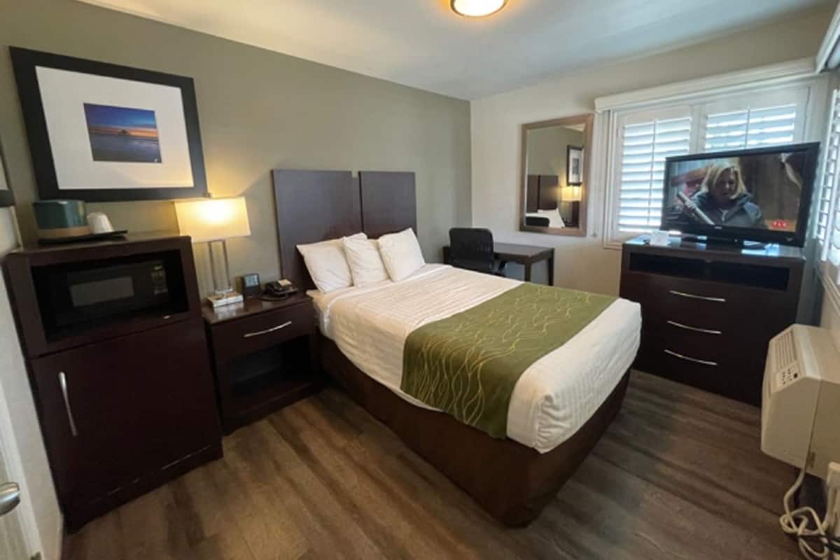 A hotel room with a bed, a desk, a television, a microwave, and a mirror.