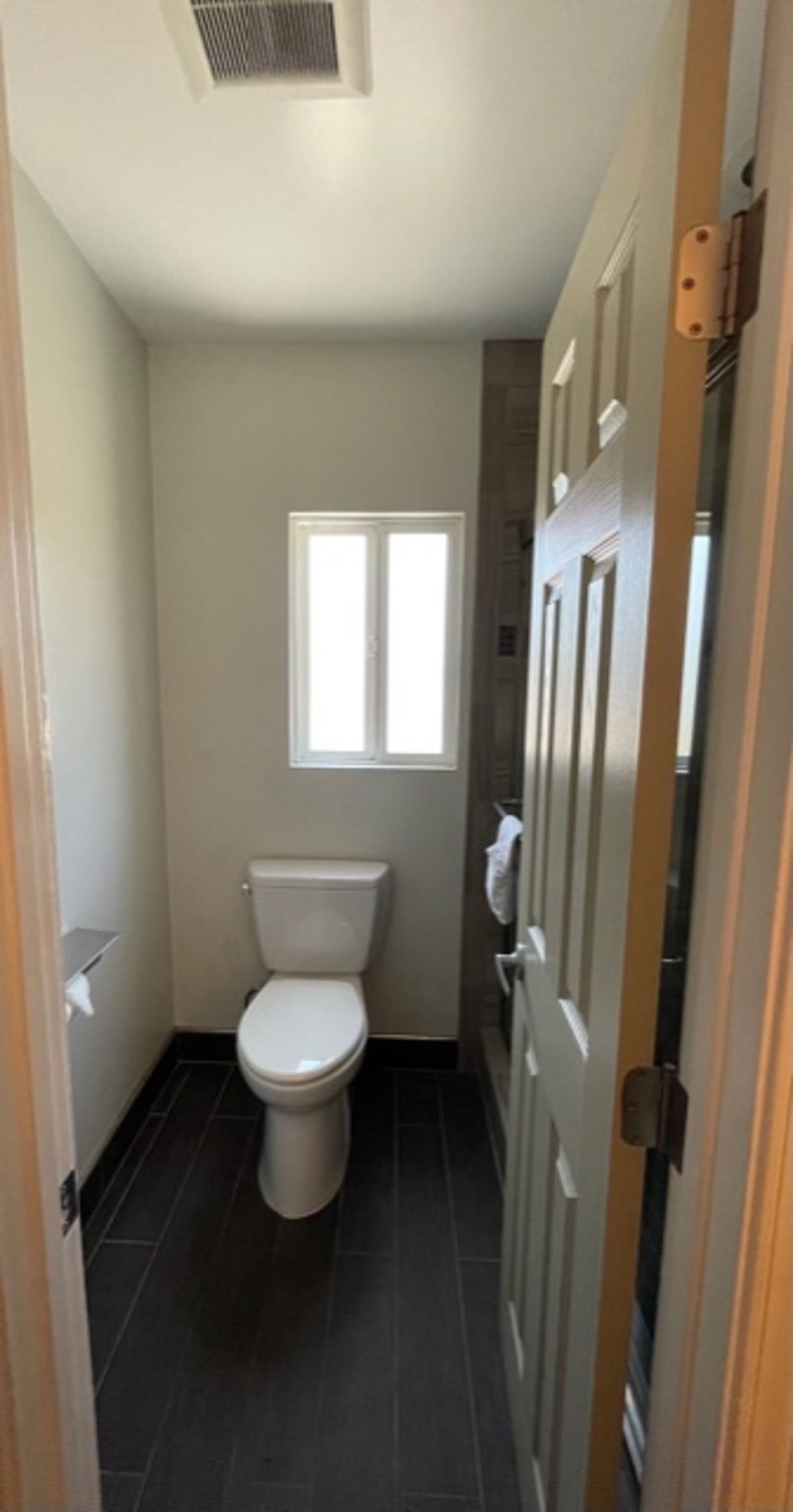 A narrow bathroom with a toilet, a window, and a door with a handle.