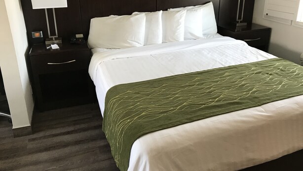 A neatly made bed with white linens and a green patterned throw blanket, flanked by two bedside tables with lamps, in a hotel room with dark wood paneling.