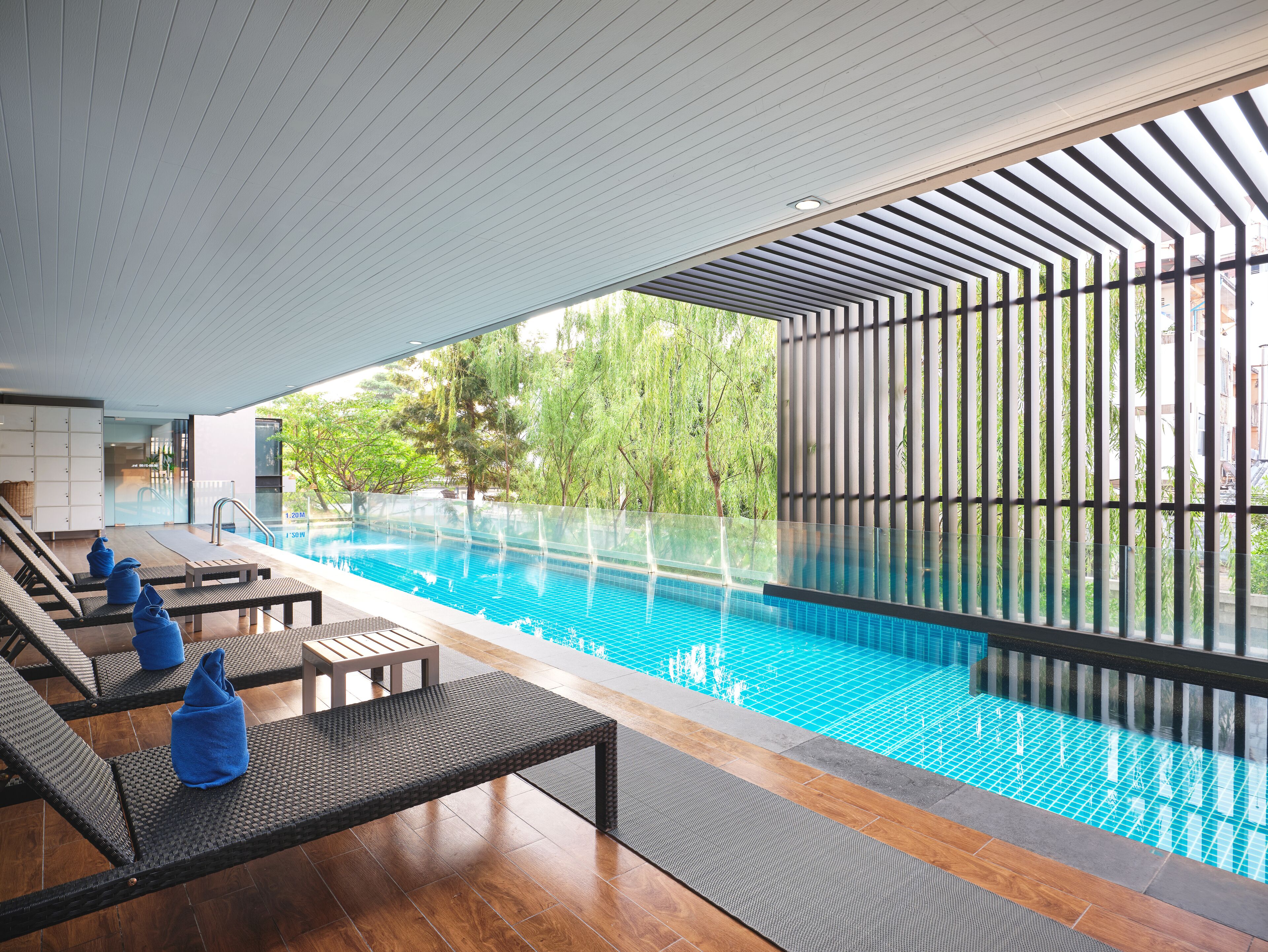 outdoor pool, pool loungers