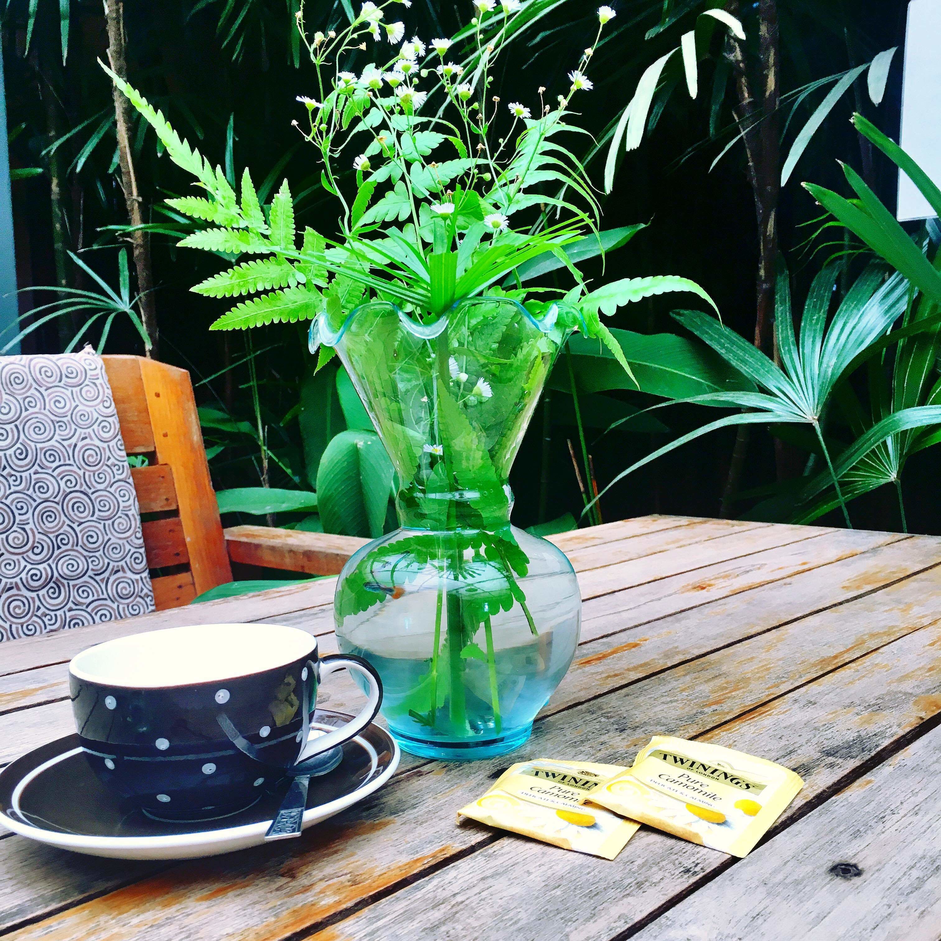 A clear glass vase with green plants on a wooden table.