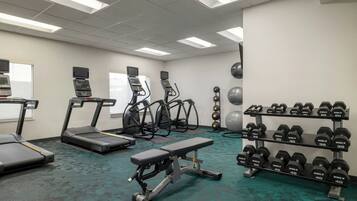 A gym with treadmills, elliptical machines, a bench press, and a rack of dumbbells.