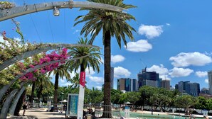 A city park with a swimming pool, palm trees, and a South Bank sign. - Quest Chermside on Playfield (Chermside)