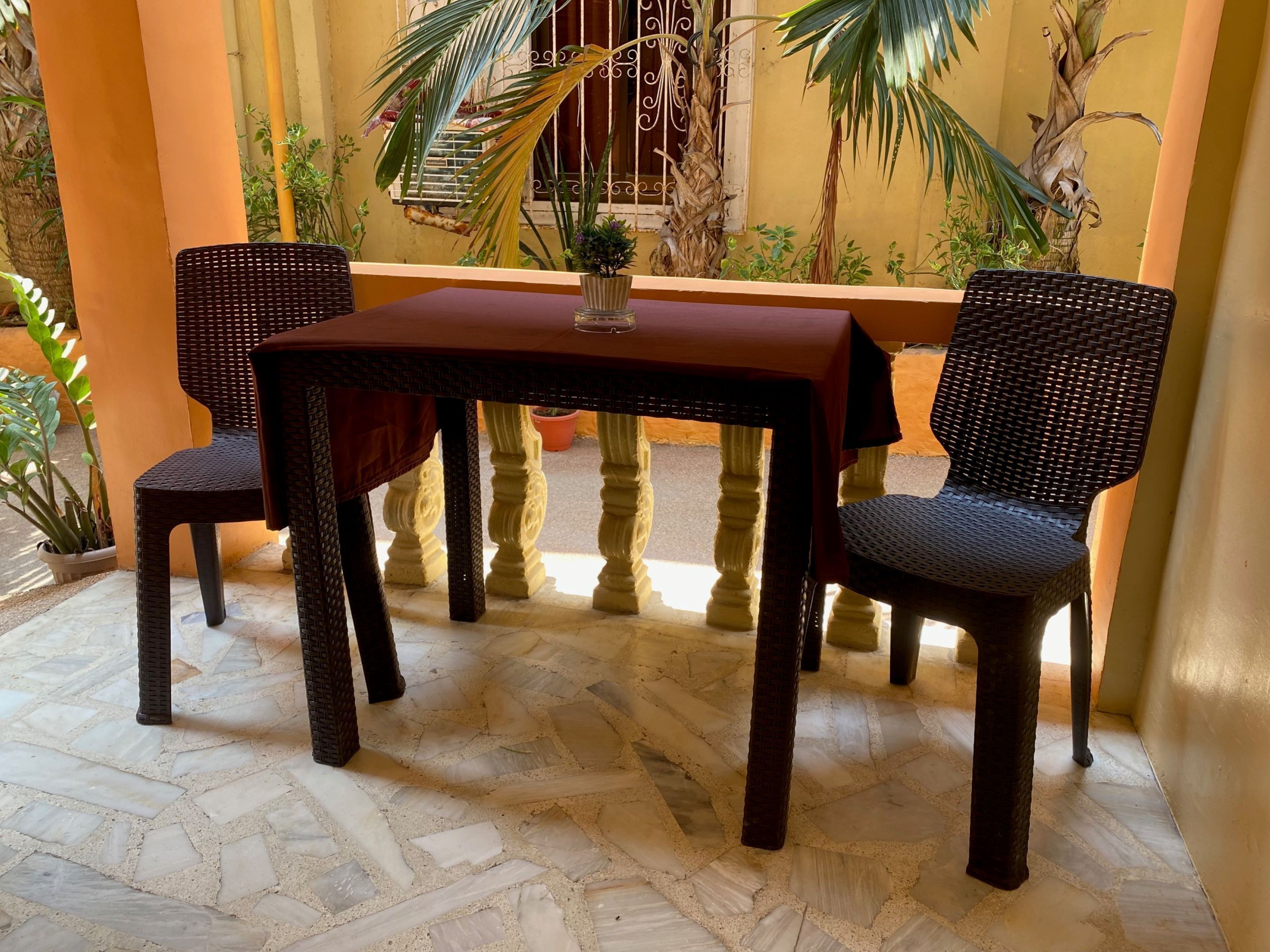 Une terrasse avec une table et quatre chaises, entourée de plantes et bordée d’un mur jaune.
