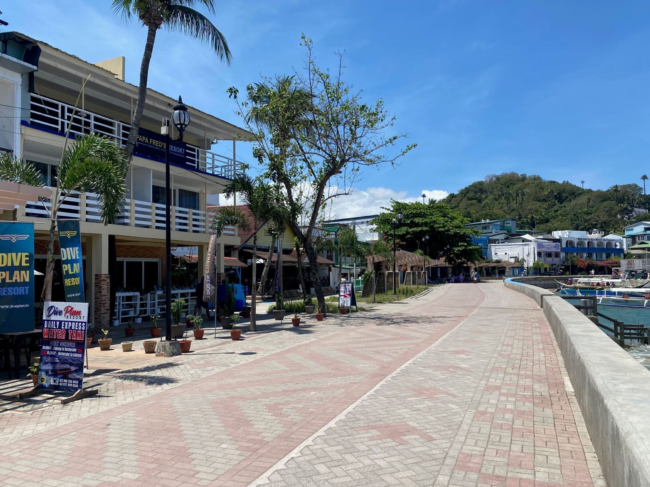 Une promenade en bord de mer avec un panneau indiquant un « plan de plongée », des palmiers et le bâtiment du « Papa Fred's Resort ».