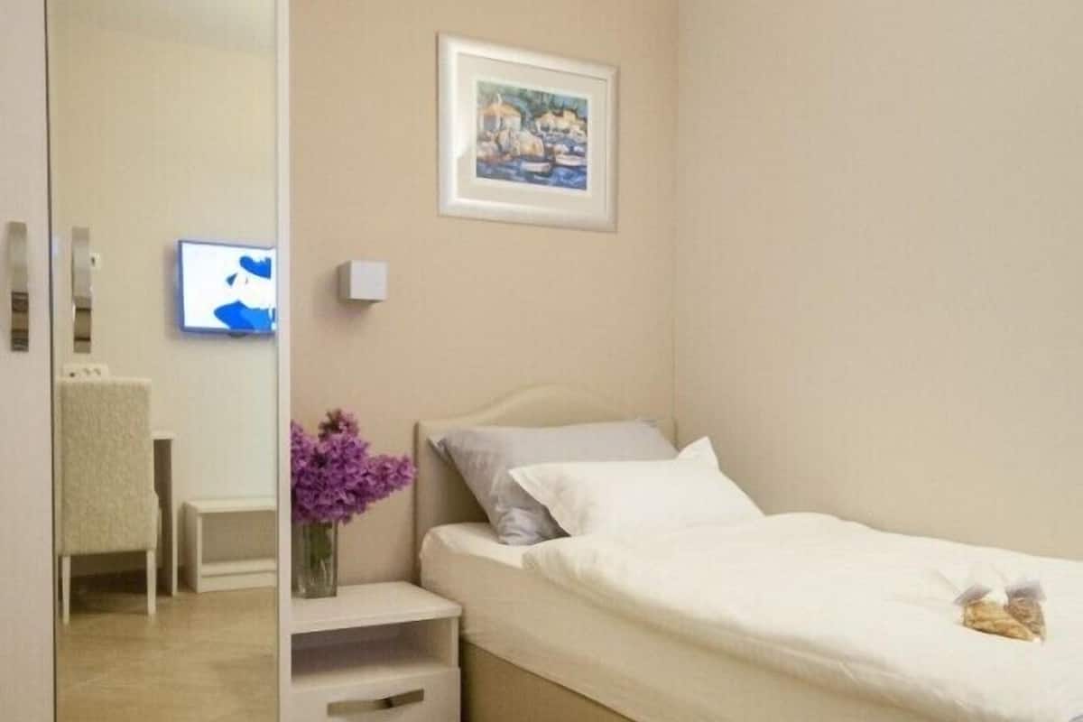 Un dormitorio pequeño y moderno con una cama, una mesita de noche, un espejo, un cuadro enmarcado en la pared y un televisor.