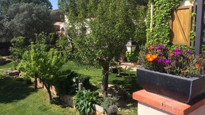 A garden with various plants and a wooden door. - La Masia Costa Brava (Garrigas)