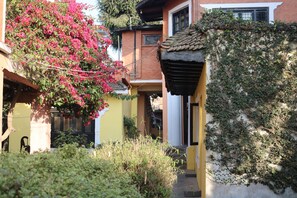 A courtyard with a yellow building, a tree with pink flowers, and a wall covered in greenery. - Krishna House (Bhaktapur)