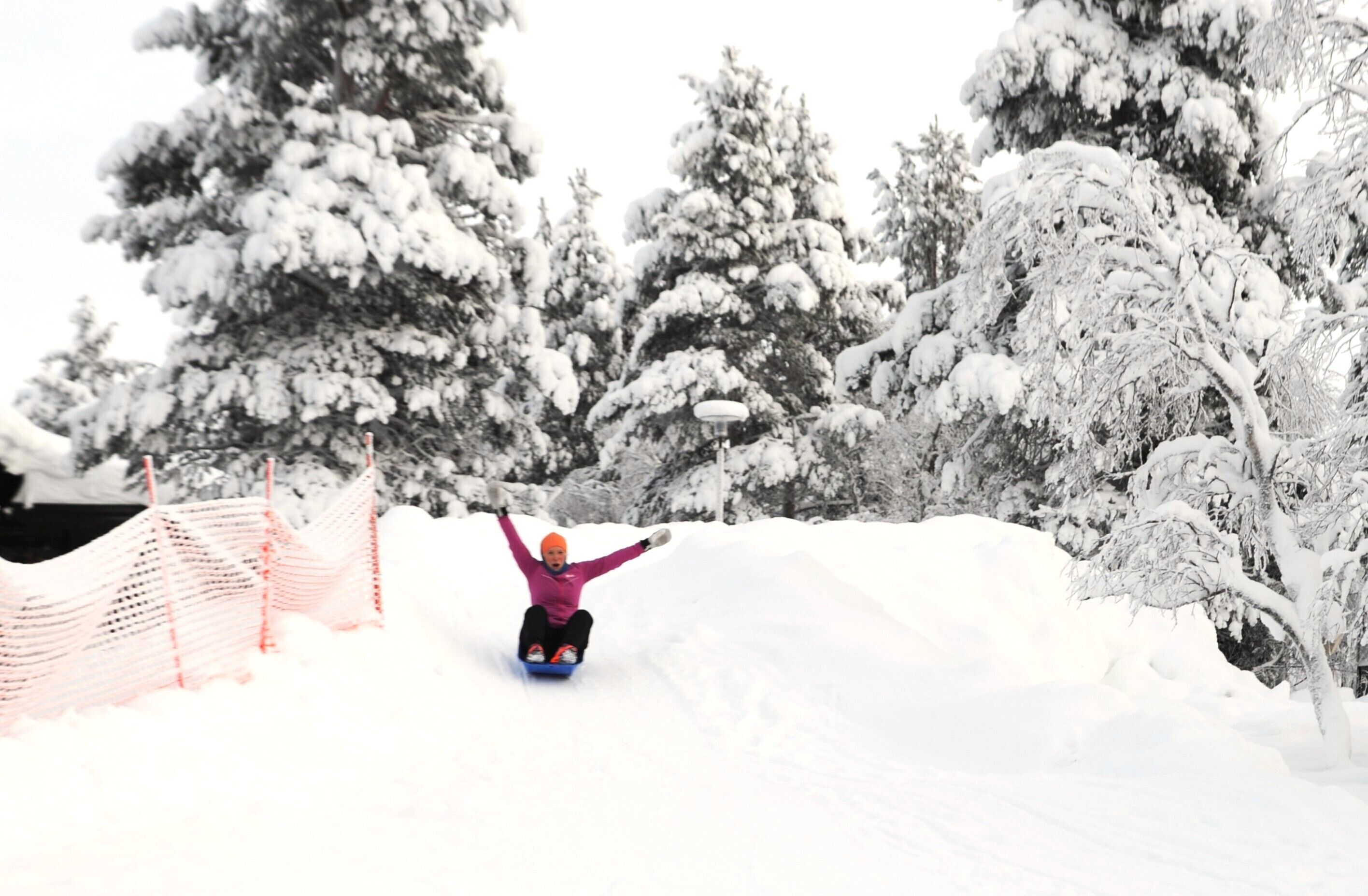 A person snowboarding down a snowy slope with trees in the background.