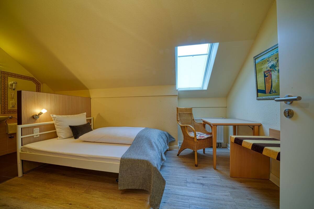 A small, cozy room with a single bed, a chair, a table, and a skylight.