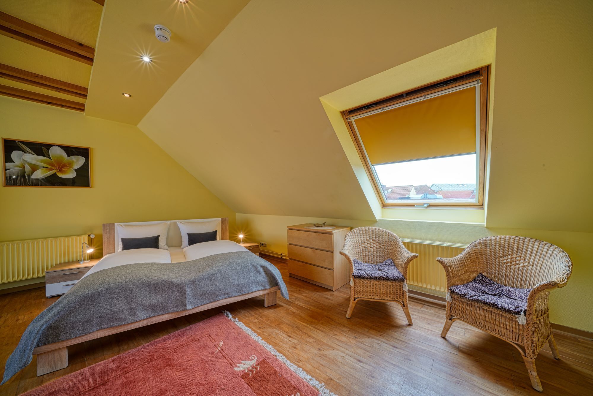 A bedroom with a bed, two wicker chairs, a dresser, a radiator, and a skylight.