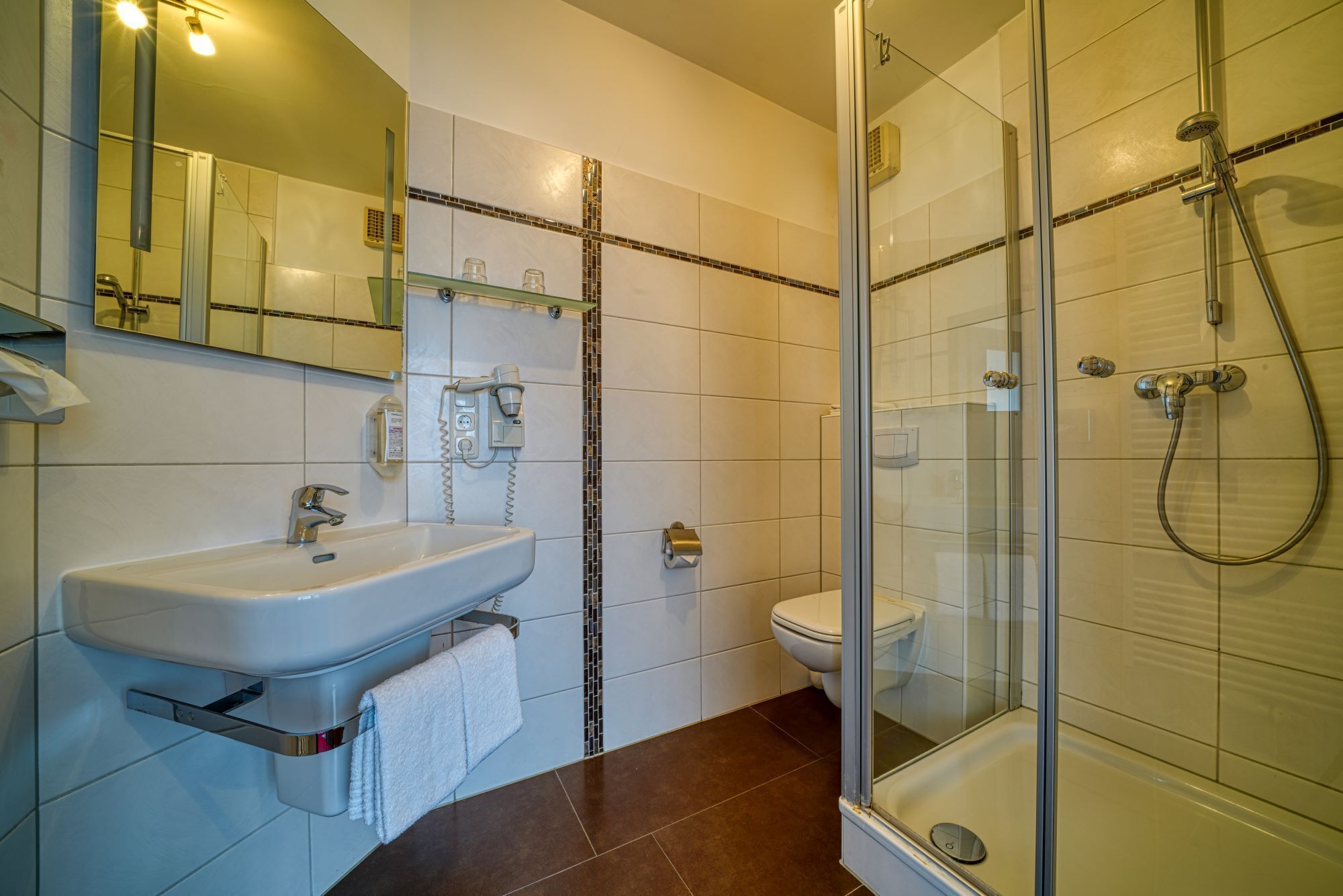 double room | bathroom | shower, hair dryer, towels, soap