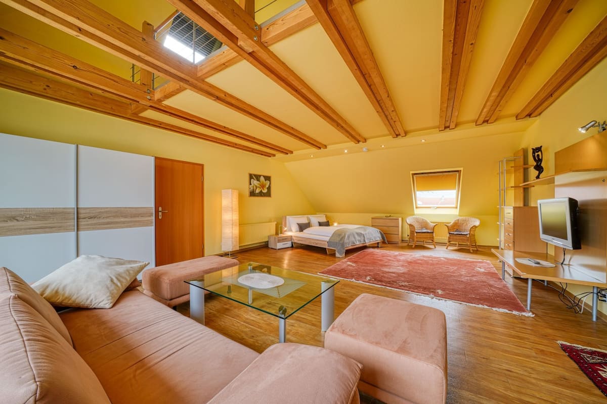 A cozy, well-lit room with a bed, a sofa, and a TV.