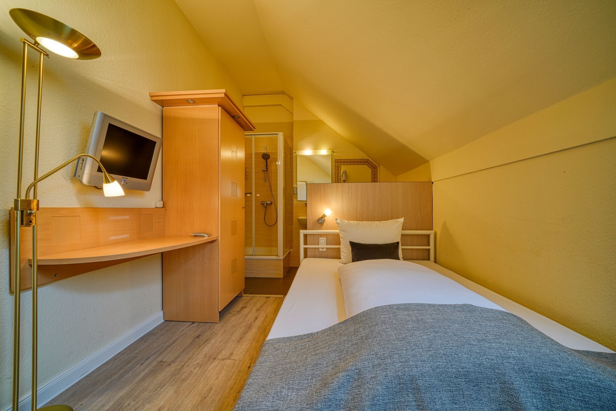 Een kleine hotelkamer met een bed, een bureau, een televisie en een douchehoek.