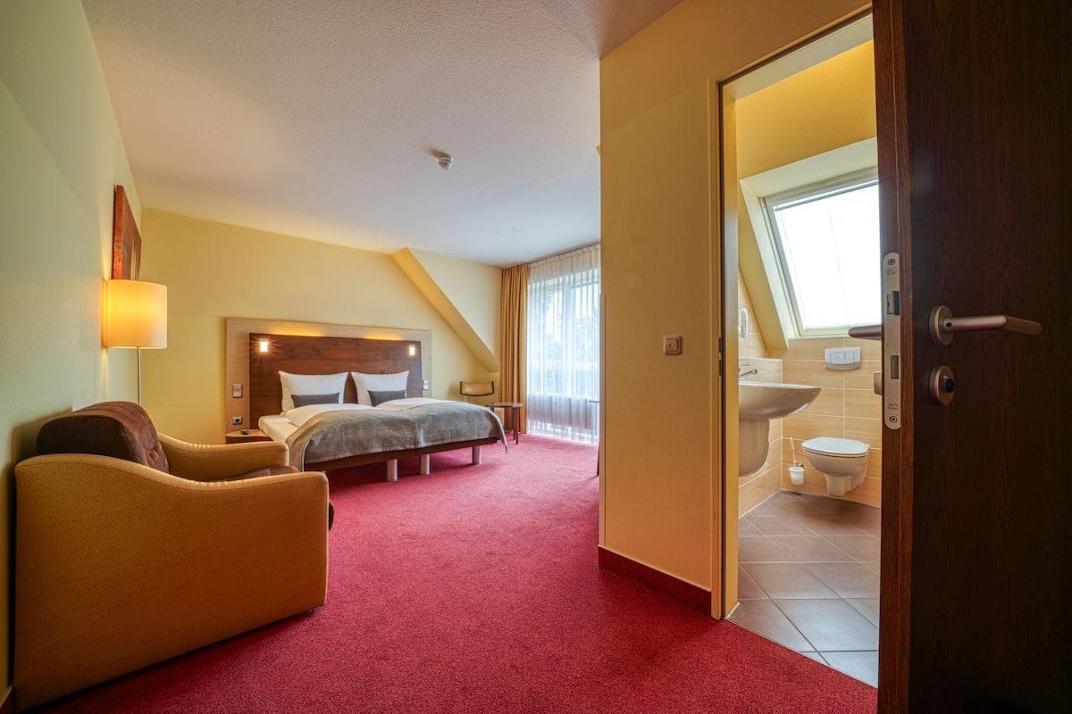 A hotel room with a large bed, a sitting area with a chair, a desk, and a bathroom with a sink and toilet.