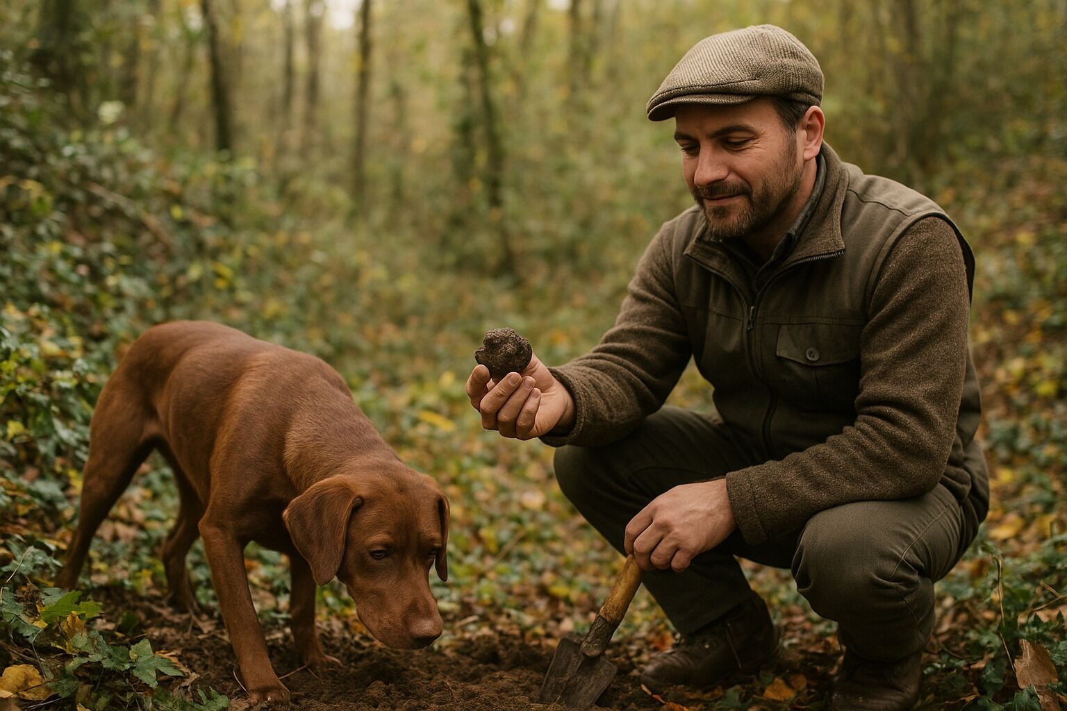 En person knæler i en skov og holder en lille genstand, mens en hund er i nærheden.