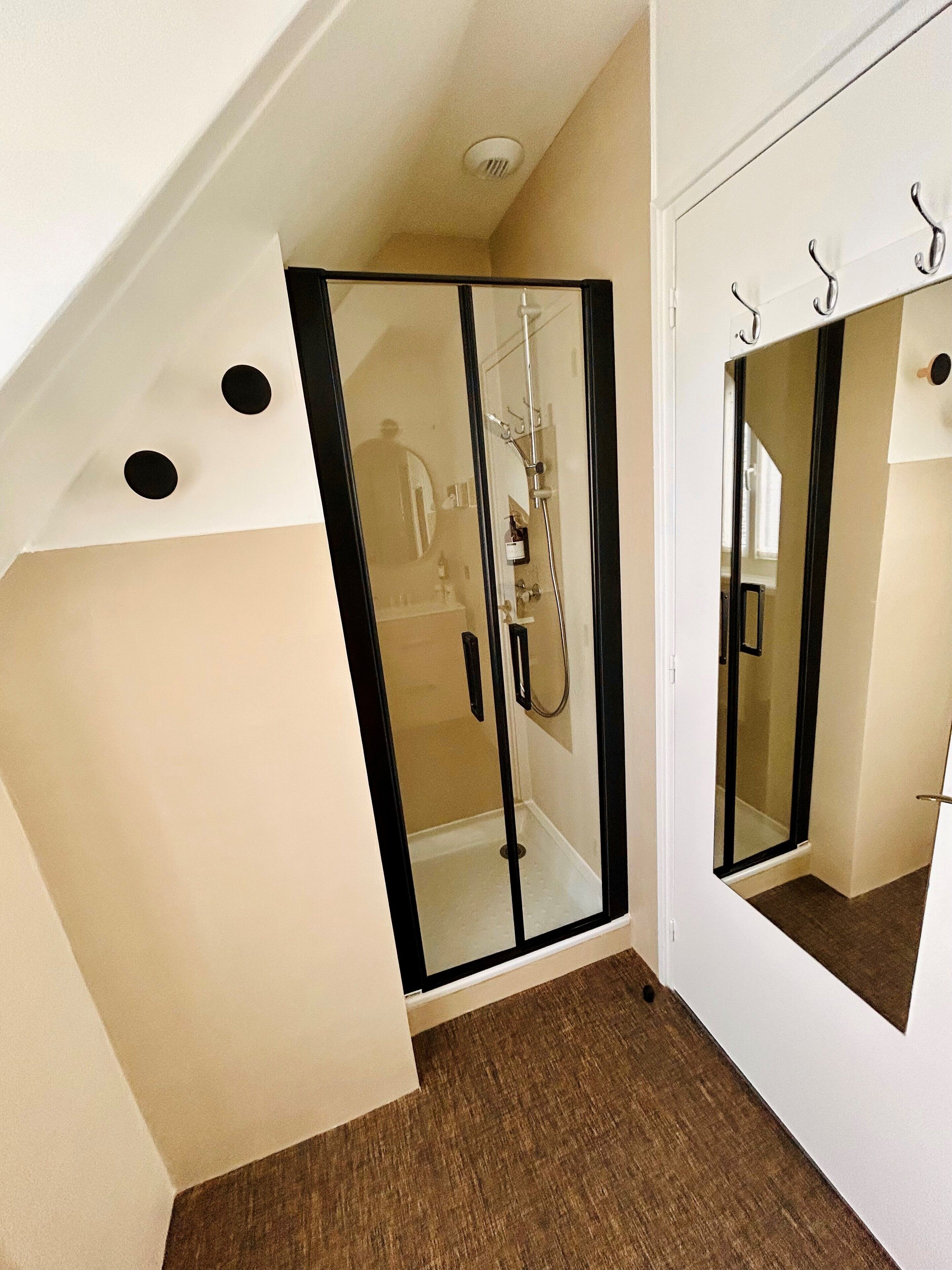 A modern bathroom with a glass shower enclosure, a white vanity, and a mirror with hooks.
