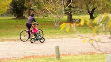 Una mujer y un niño montan en bicicleta por un camino de grava en un parque.