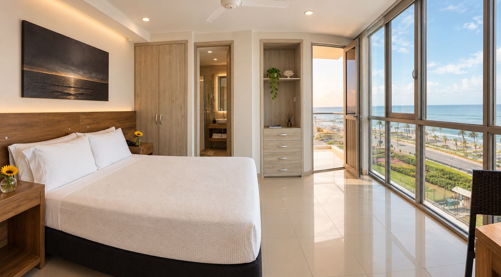 A bedroom with a large bed, a nightstand, a wardrobe, a bathroom with a shower, and a balcony with a view of the ocean.