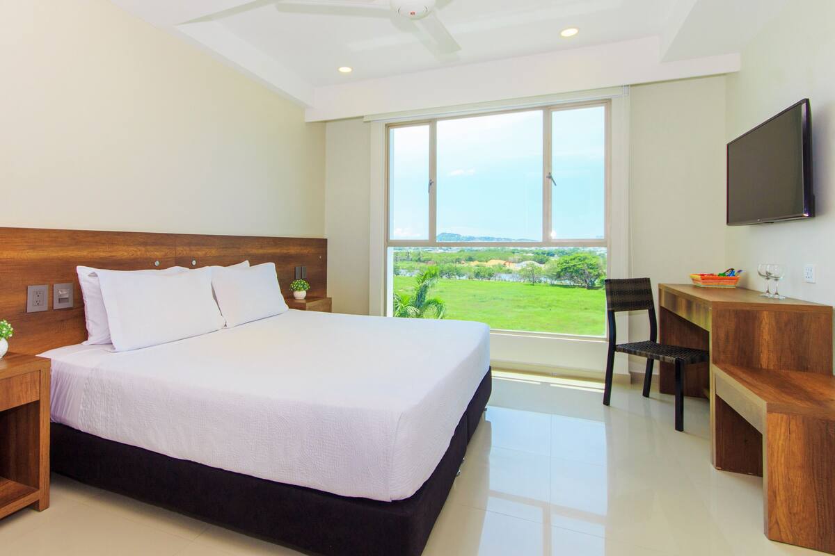 A hotel room with a large bed, a desk, a chair, a TV, and a window with a view of greenery.