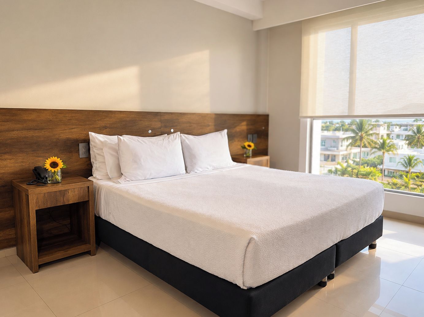 A hotel room with a large bed, a wooden headboard, a nightstand with a vase of sunflowers, and a view of palm trees through the window.