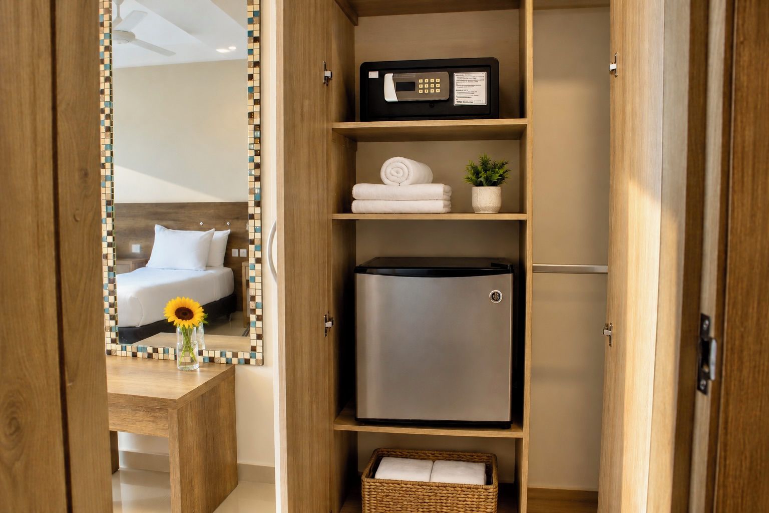 A hotel room with a bed, a mirror, a small table with a vase, a refrigerator, and a shelf with towels and a plant.