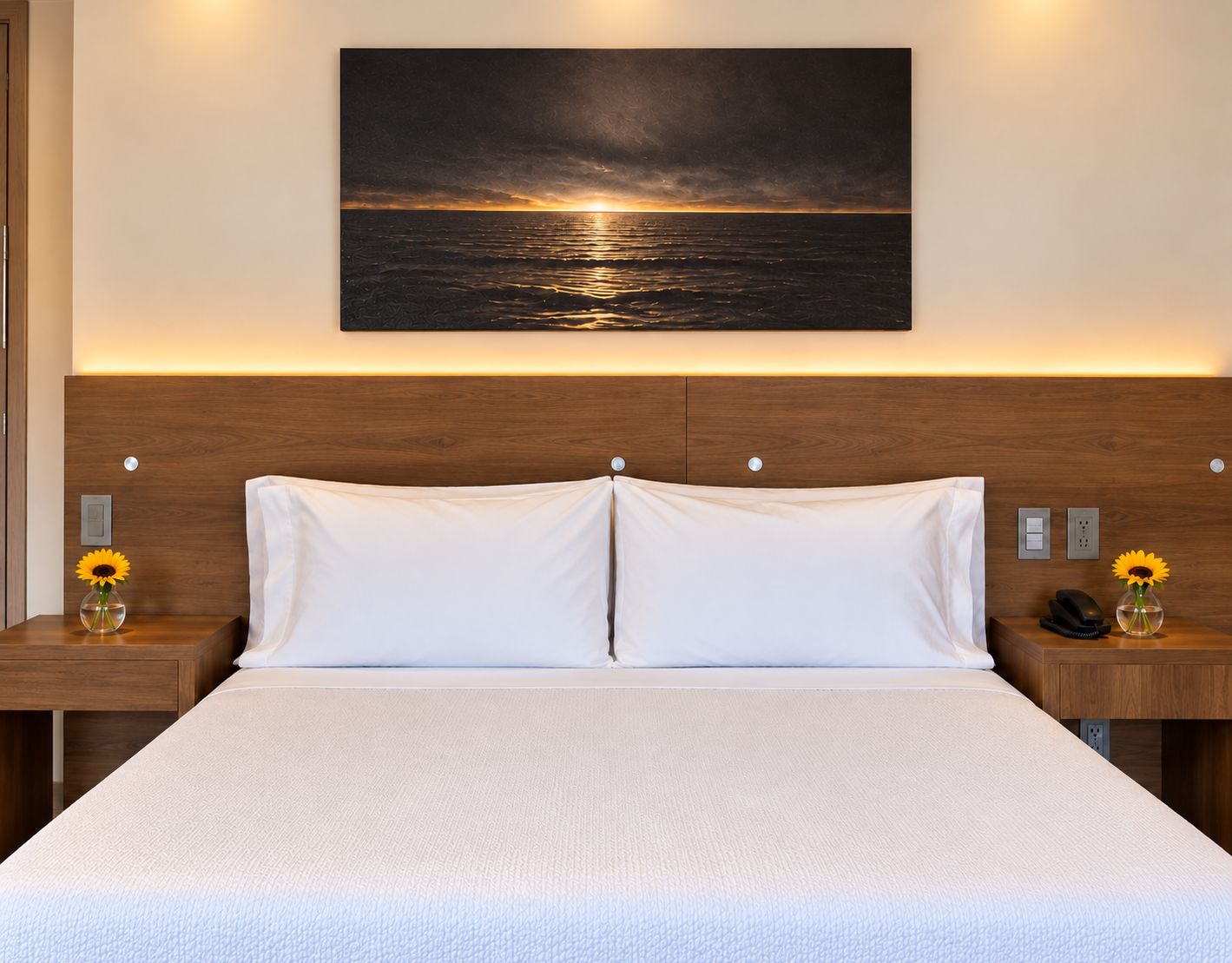 Habitación de hotel con una cama grande, dos mesitas de noche, un cabecero de madera y un cuadro de atardecer en la pared.