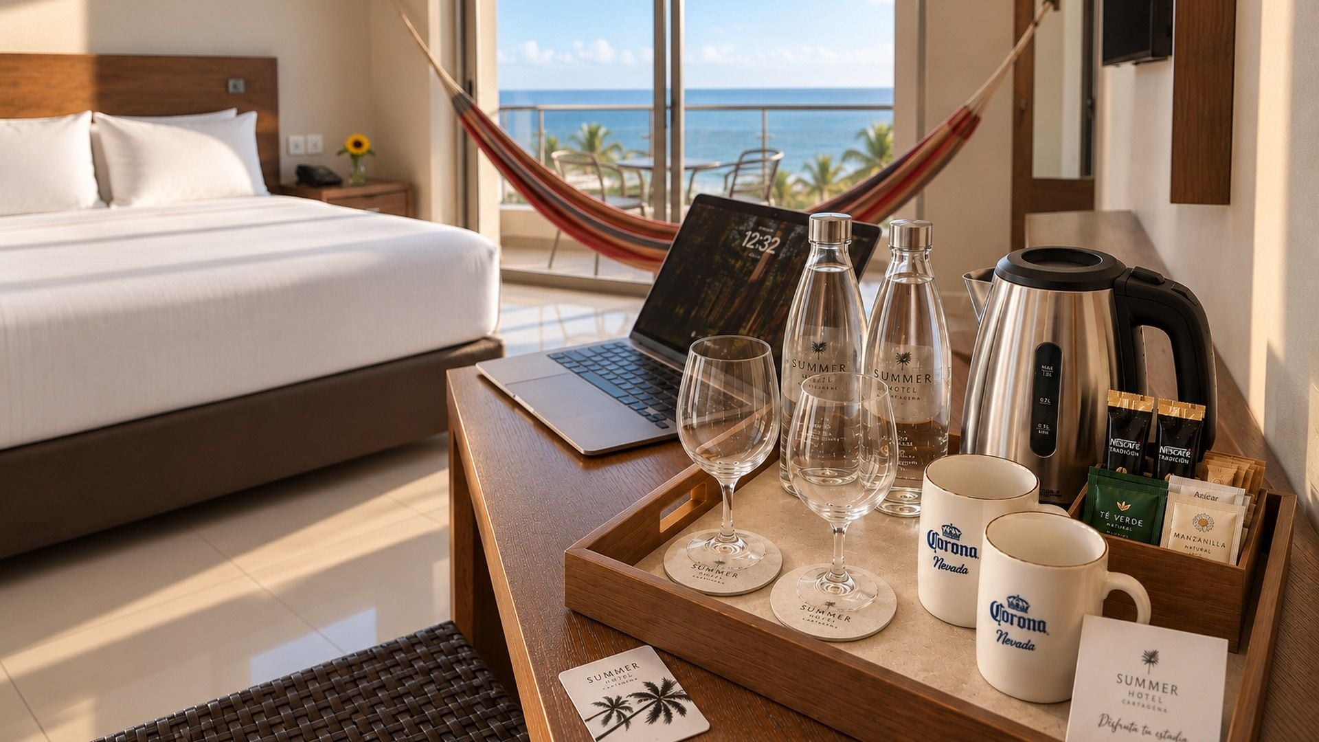 A hotel room with a bed, a laptop, a tray with glasses, bottles, a coffee maker, and a minibar.