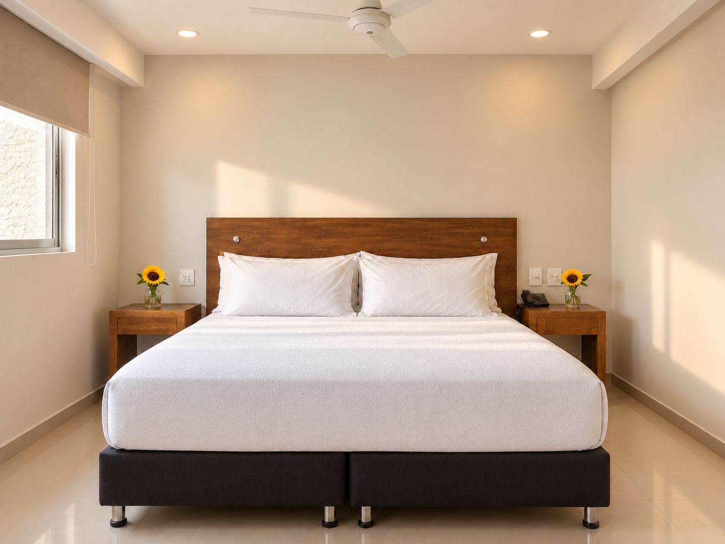 Un dormitorio moderno con una cama grande, cabecera de madera, dos mesitas de noche con lámparas y un ventilador de techo.